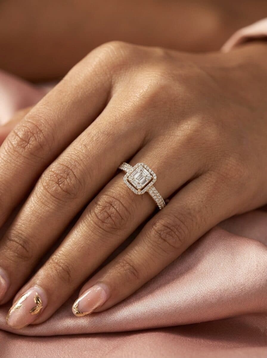 A yellow gold ring with a baguette diamond centre and a square halo, worn on the hand