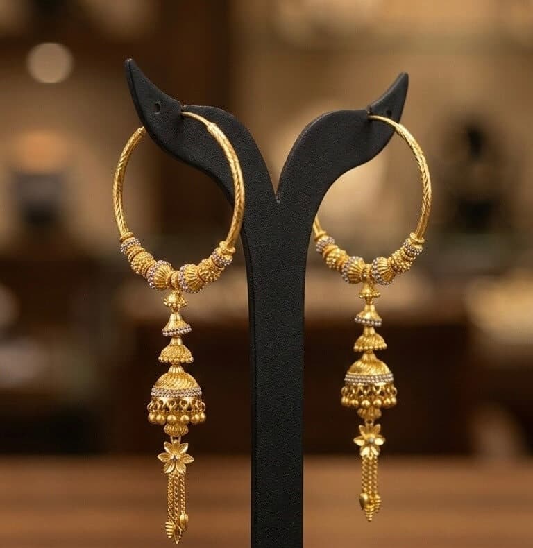 22ct gold hoop earrings with beaded jhumka drops, hanging on a display stand