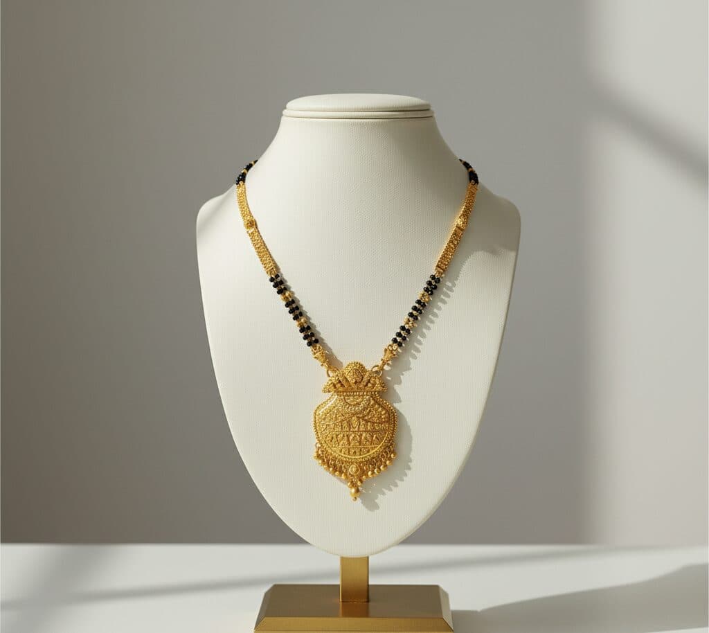 A 22ct gold mangalsutra with black bead strands and a filigree pendant, on a neck stand
