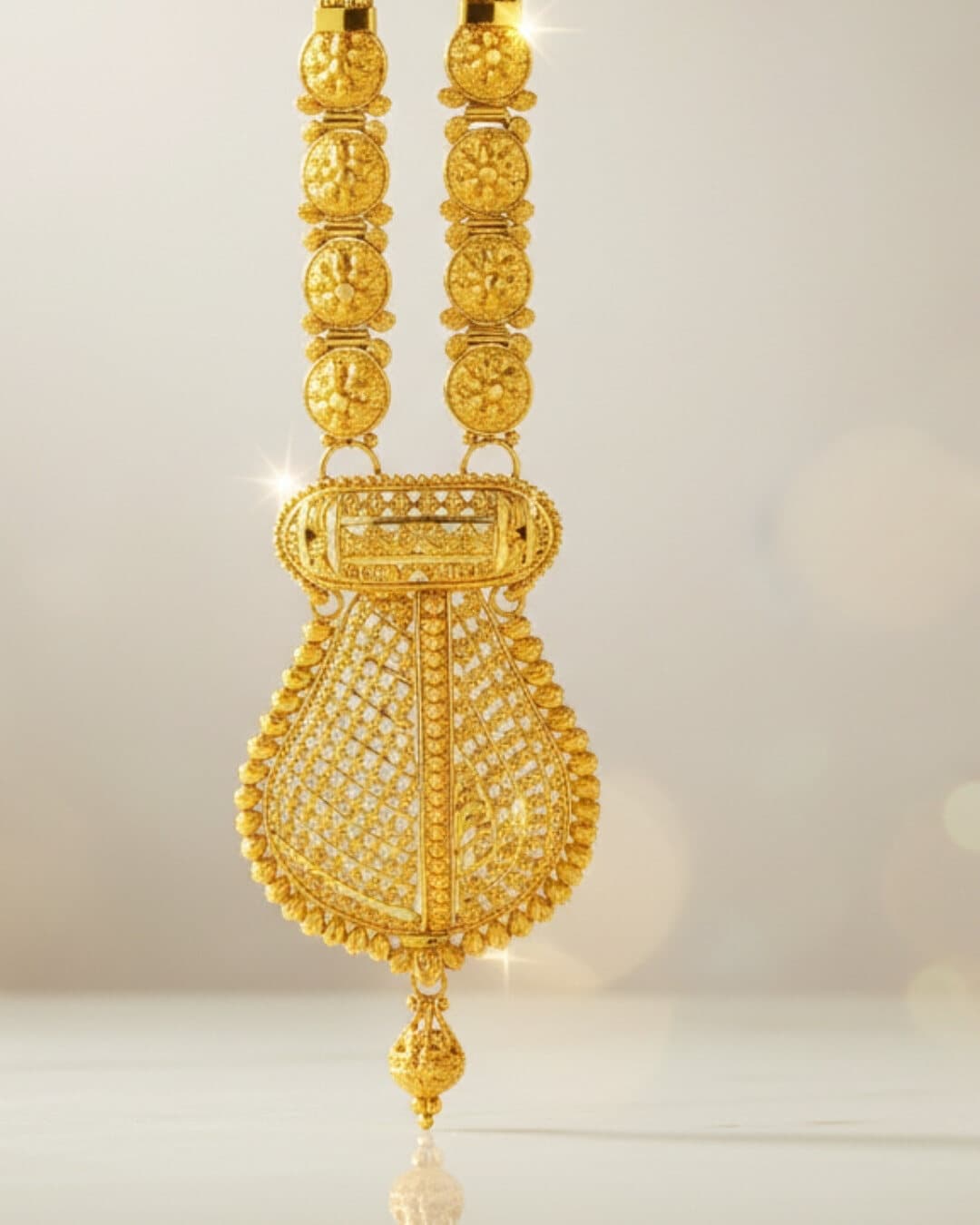 A 22ct gold mangalsutra with black bead strands and a large filigree pendant