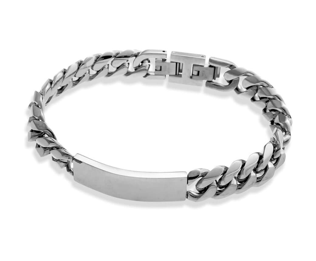 A stainless steel curb-link ID bracelet with a polished bar